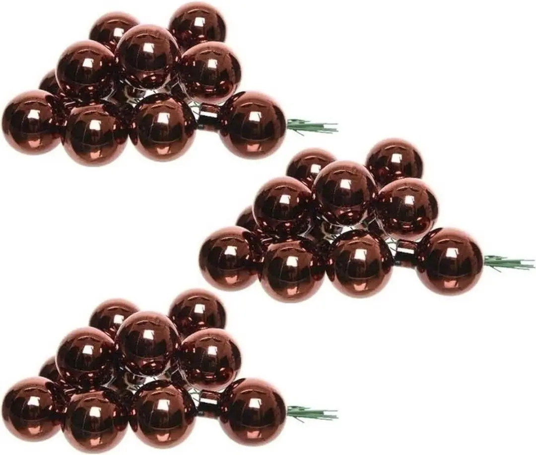 30x Mini glazen kerstballen kerststekers/instekertjes mahonie bruin 2,5 cm