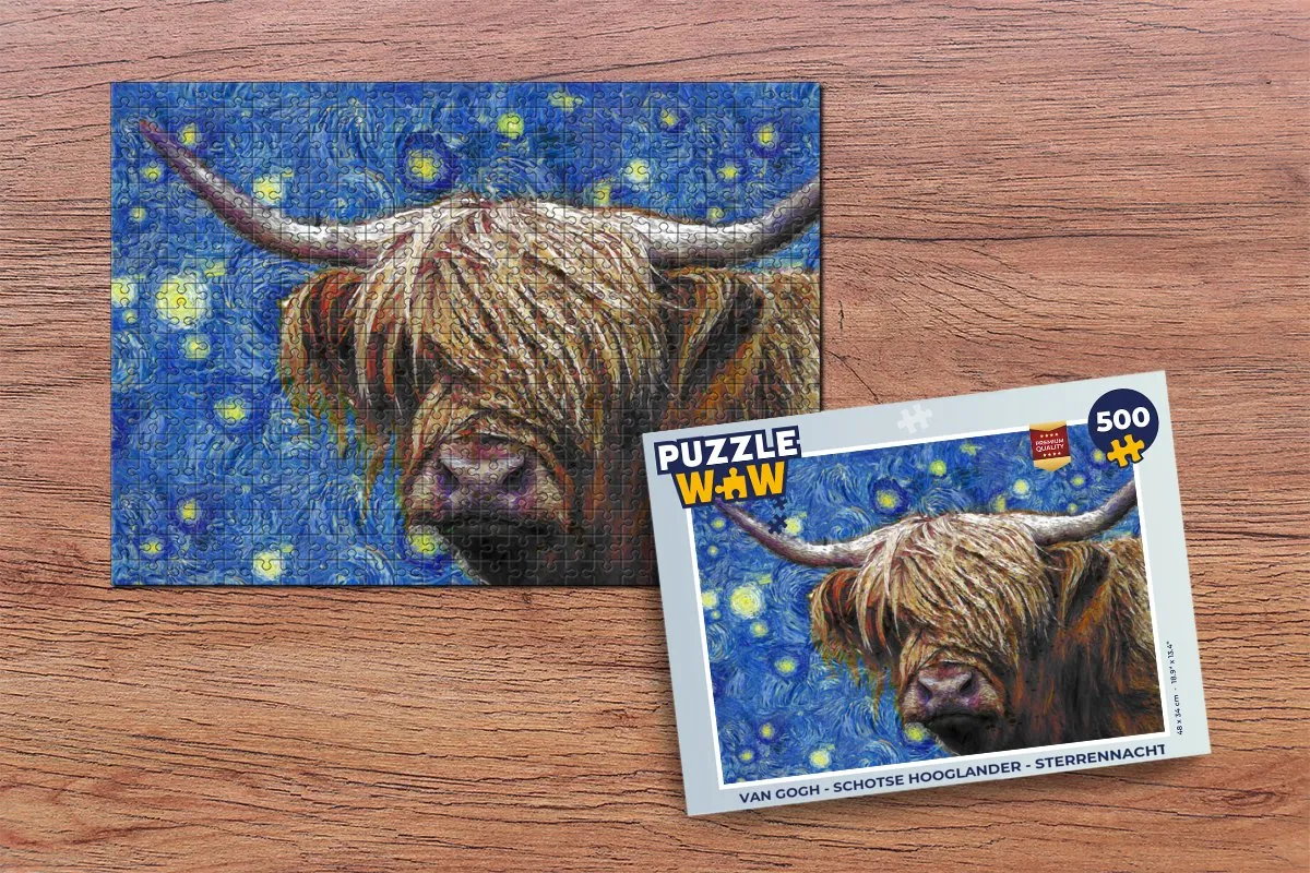 PuzzleWow Gogh Schotse Hooglander Sterrennacht Legpuzzel 500 Stuks - Multicolor