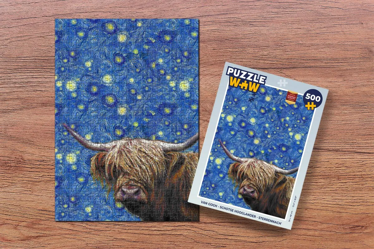 PuzzleWow Gogh Schotse Hooglander Sterrennacht Legpuzzel 500 Stuks - Multicolor