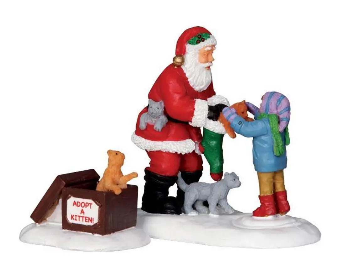 Lemax Santa And Kittens Kersthuisjes Set - 2 Stuks