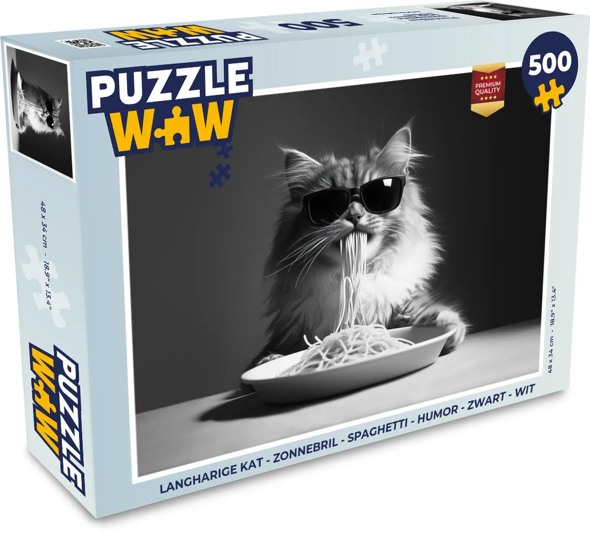 PuzzleWow Langharige Kat Zonnebril Spaghetti Legpuzzel 500 Stuks - Zwart/Wit