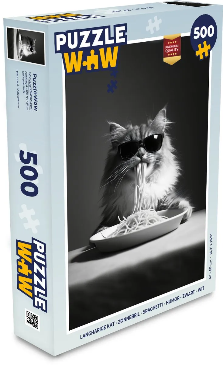 PuzzleWow Langharige Kat Zonnebril Spaghetti Legpuzzel 500 Stuks - Zwart/Wit