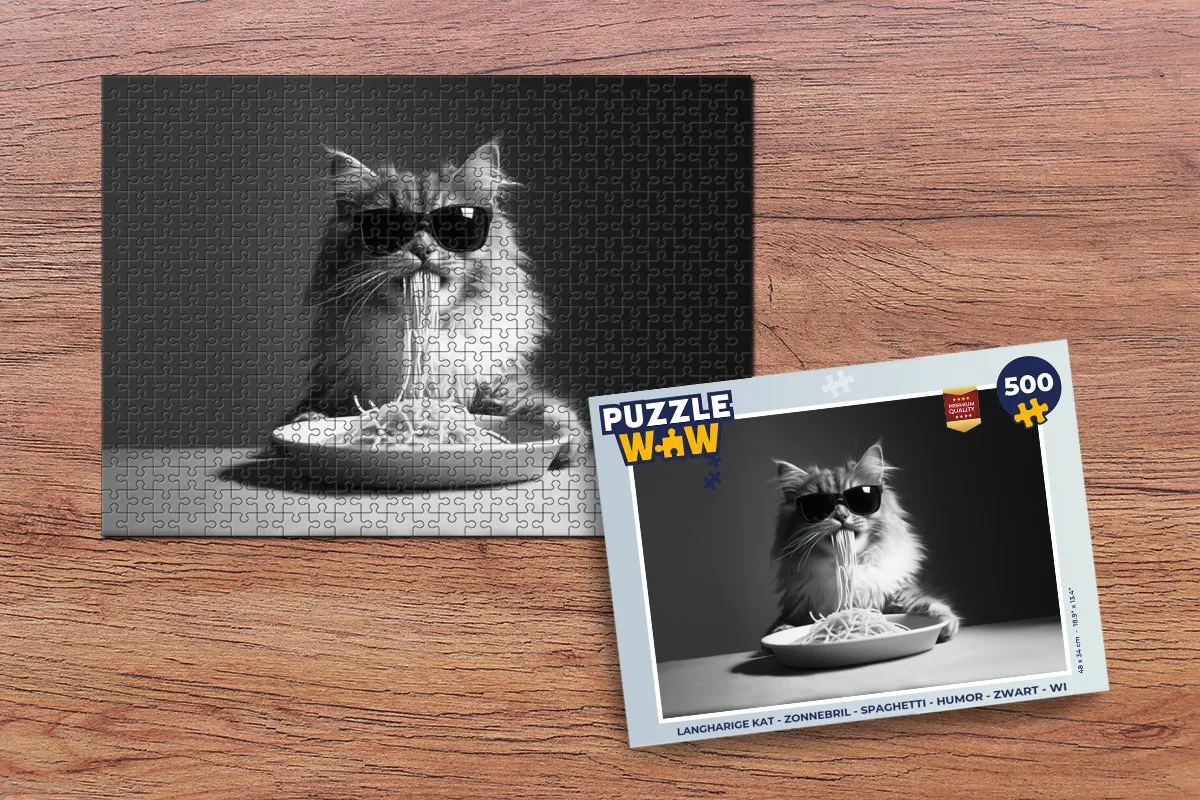 PuzzleWow Langharige Kat Zonnebril Spaghetti Legpuzzel 500 Stuks - Zwart/Wit