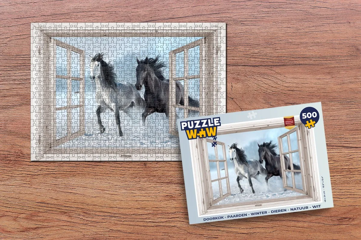 PuzzleWow Doorkijk Paarden Winter Legpuzzel 500 Stuks - Wit