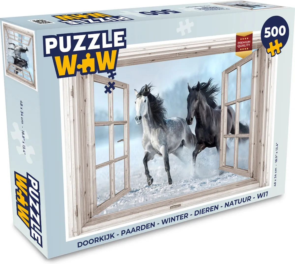 PuzzleWow Doorkijk Paarden Winter Legpuzzel 500 Stuks - Wit