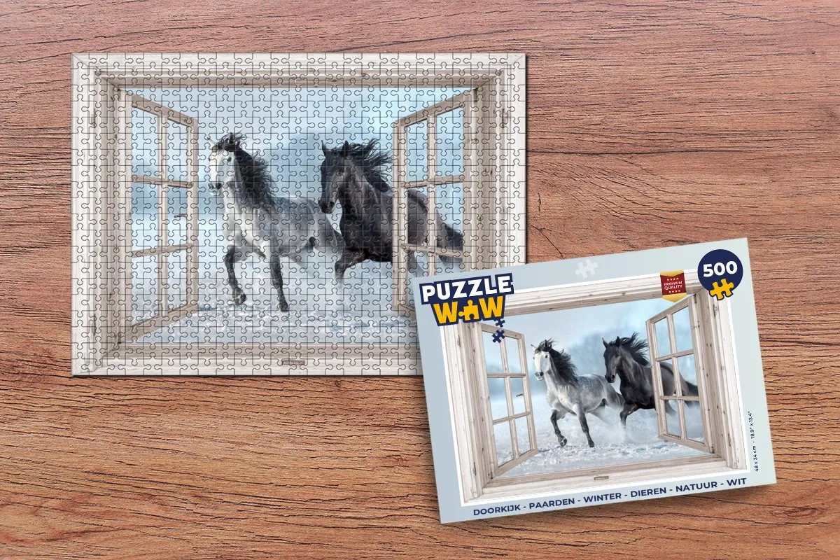 PuzzleWow Doorkijk Paarden Winter Legpuzzel 500 Stuks - Wit