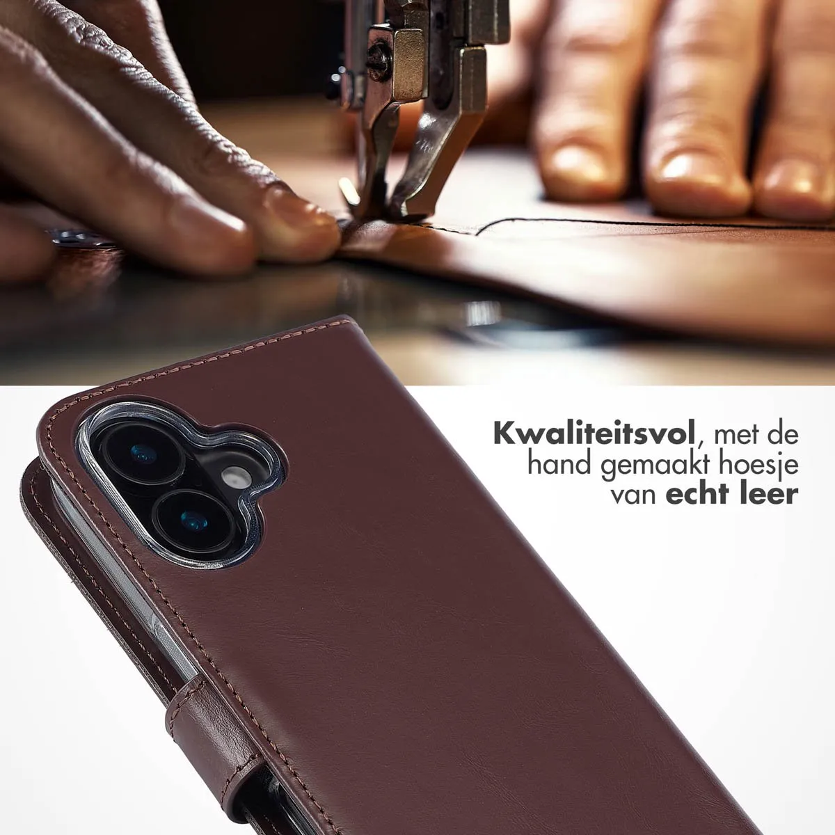 Selencia Hoesje iPhone 16 Echt Lederen Bookcase - 3 Pasjes - Bruin