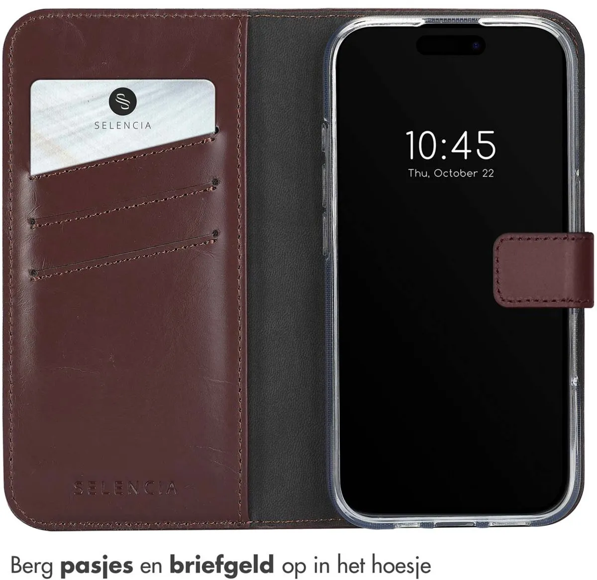 Selencia Hoesje iPhone 16 Echt Lederen Bookcase - 3 Pasjes - Bruin