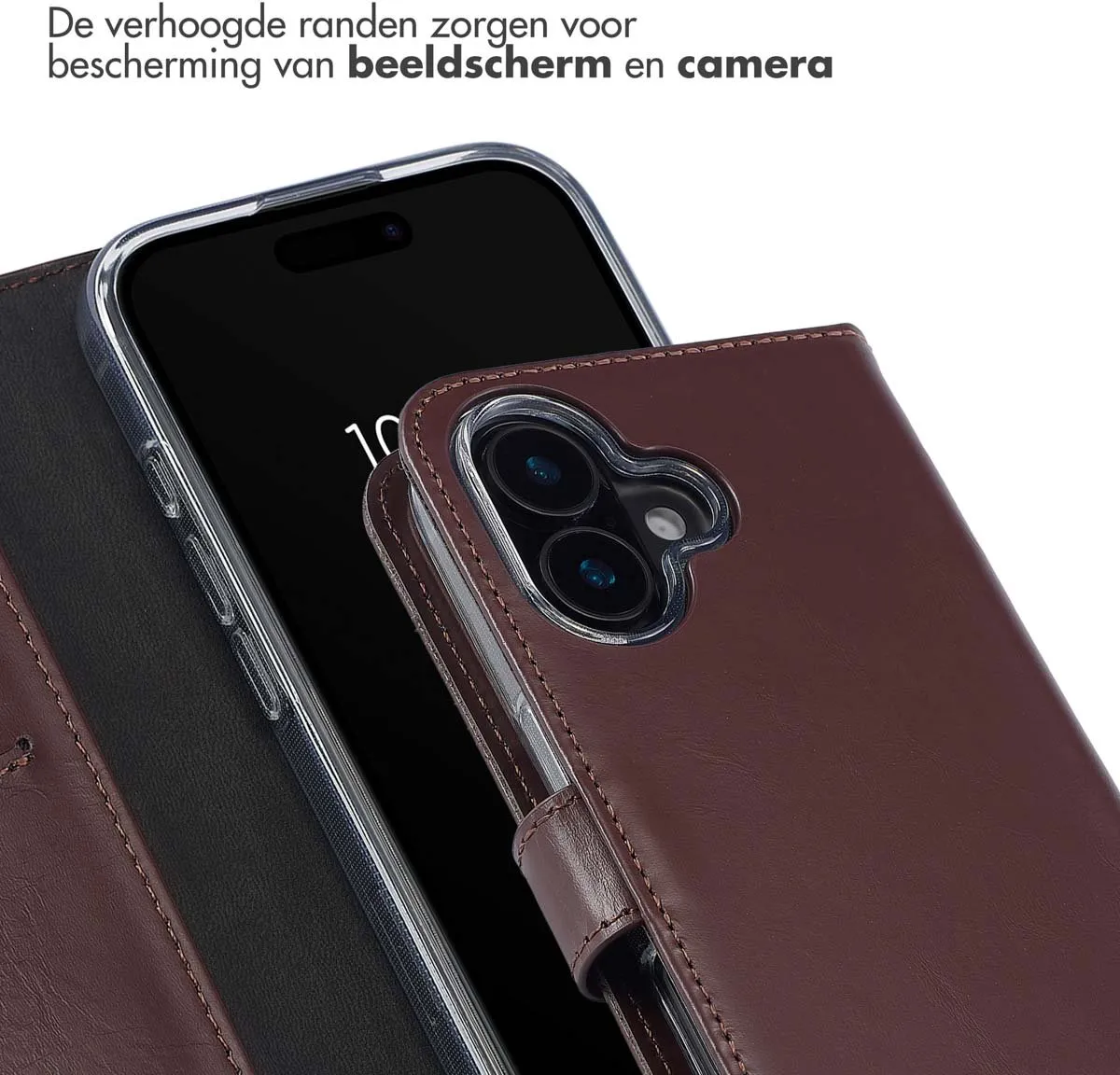 Selencia Hoesje iPhone 16 Echt Lederen Bookcase - 3 Pasjes - Bruin