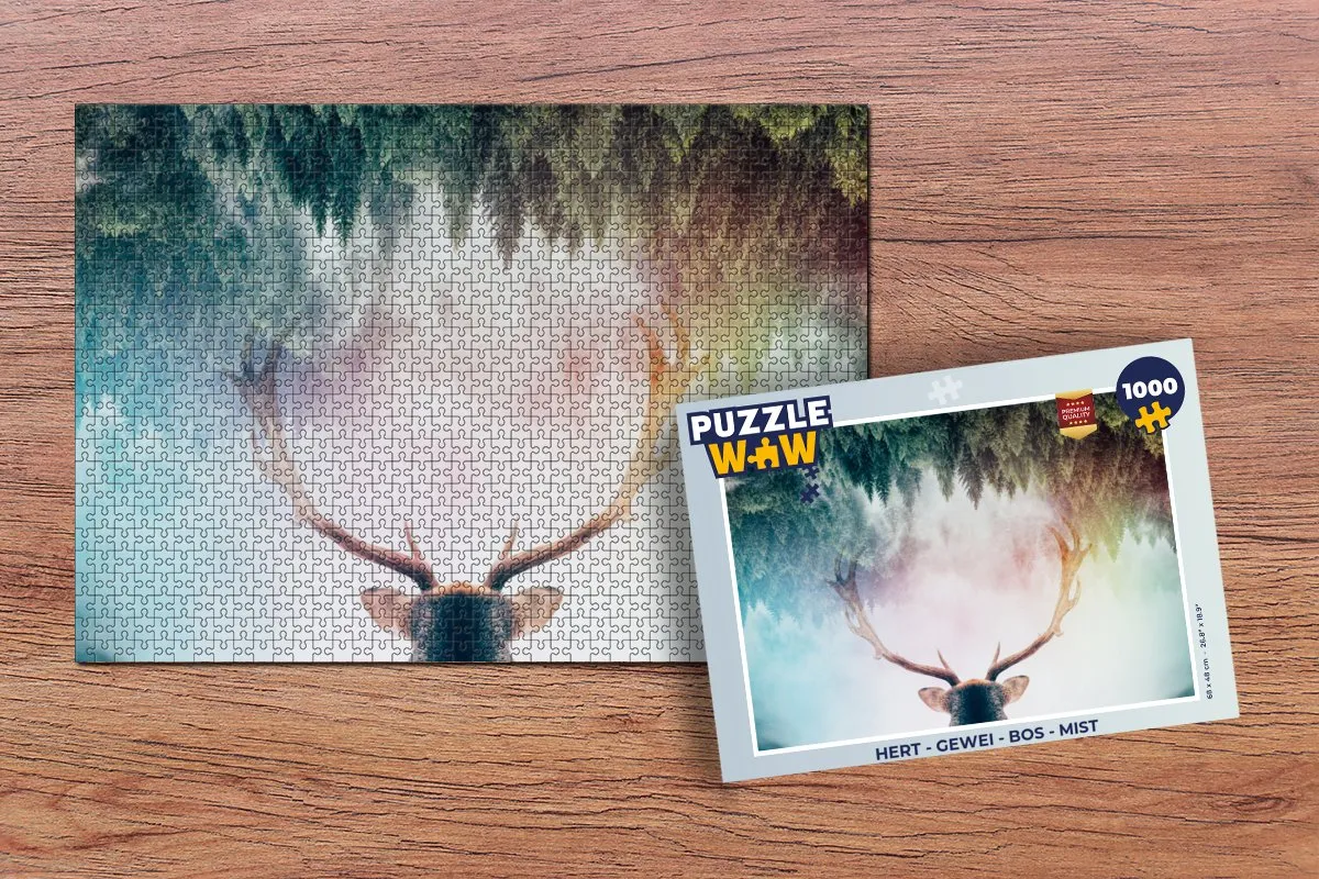 PuzzleWow Hert Gewei Bos Mist Legpuzzel 1000 Stuks - Multicolor