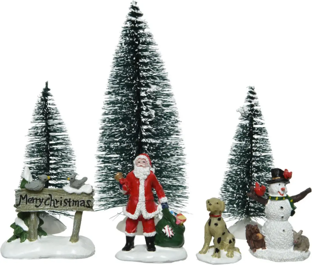 7x stuks kerstdorp accessoires figuurtjes/poppetjes en kerstboompje