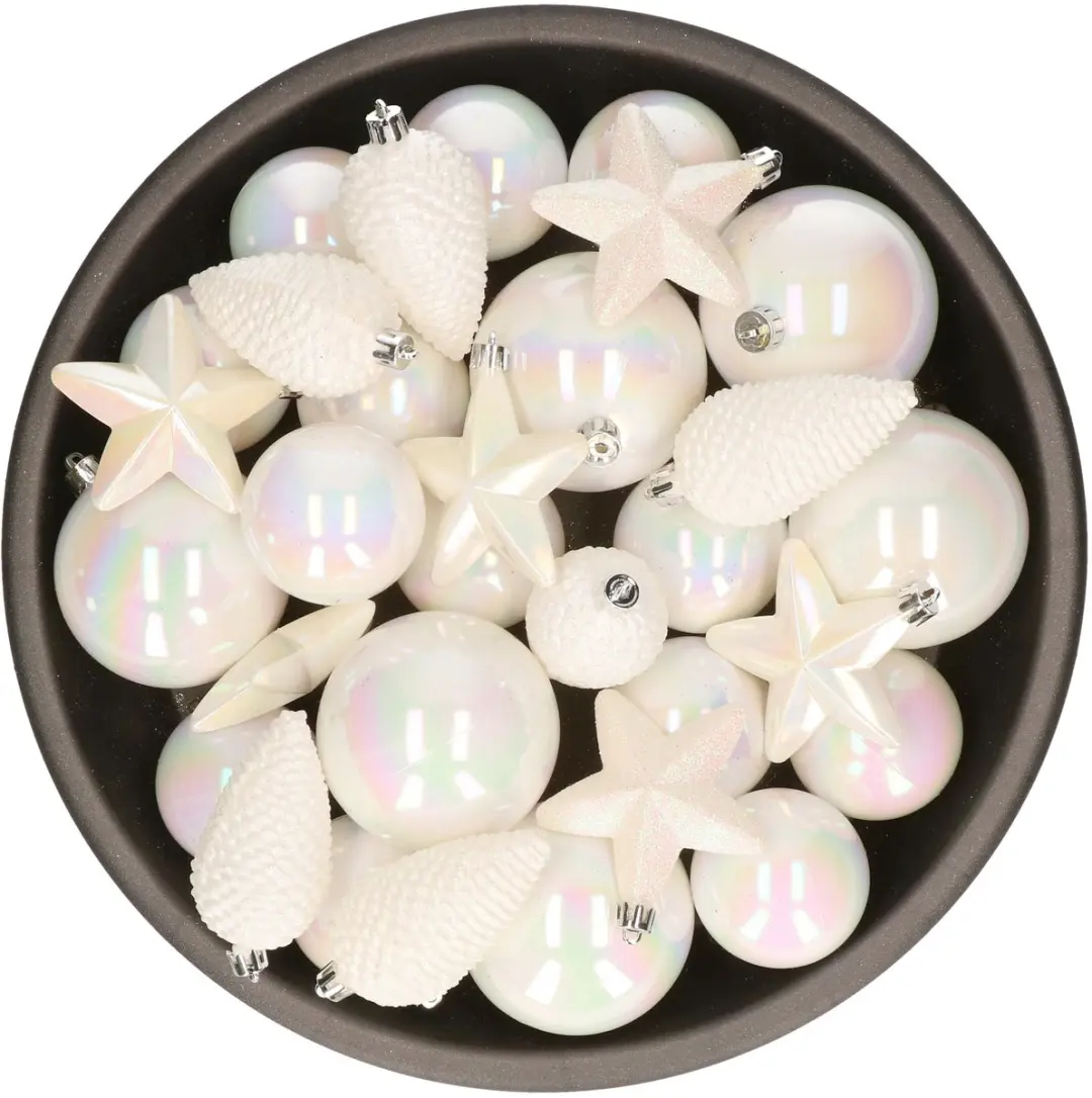 Decoris Kerstversiering kunststof kerstballen parelmoer wit 6-8-10 cm