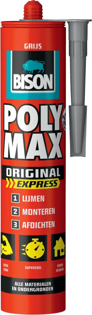 Bison Poly Max Express grijs koker 425 gram, montagelijm, lijmen, monteren en af