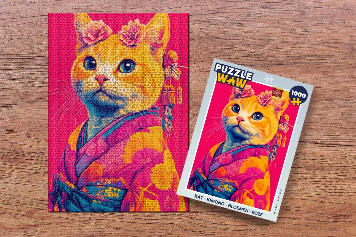 PuzzleWow Kimono Kat Legpuzzel 1000 Stuks - Roze