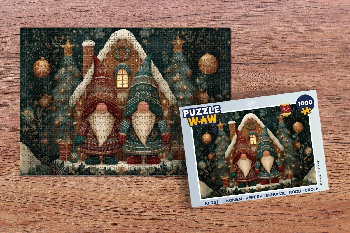 PuzzleWow Kerst Gnomen Peperkoekhuisje 1000 Stuks - Rood/ Groen