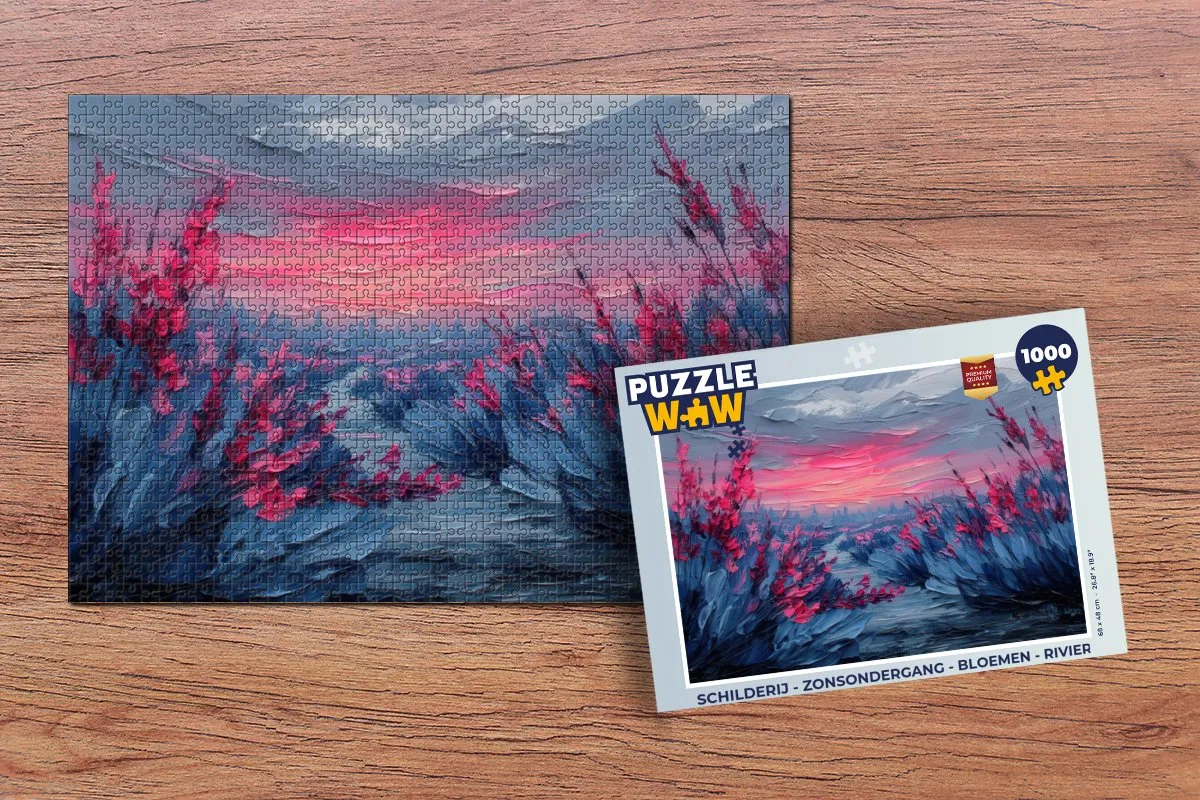 PuzzleWow Legpuzzel Zonsondergang Bloemen Rivier 1000 Stuks