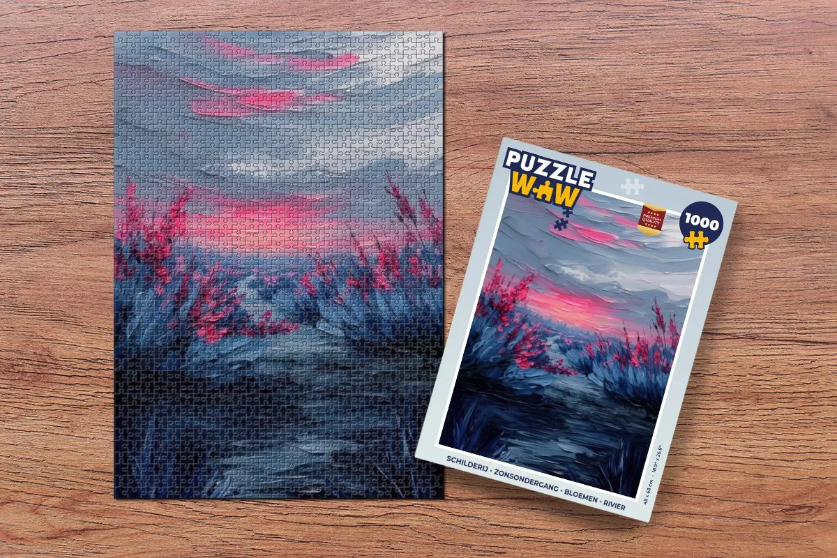 PuzzleWow Legpuzzel Zonsondergang Bloemen Rivier 1000 Stuks