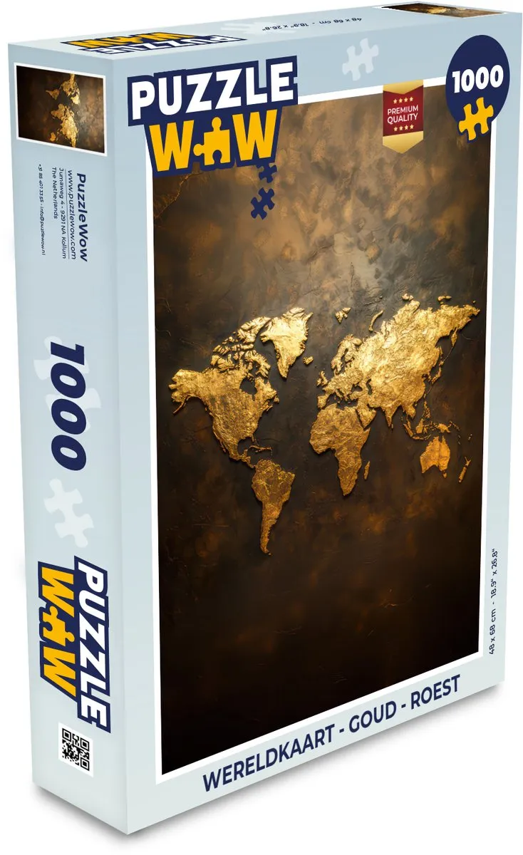 PuzzleWow Wereldkaart Legpuzzel 1000 Stuks - Roest & Goud