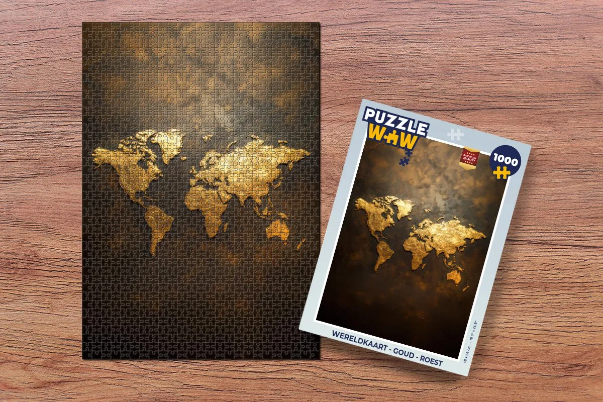 PuzzleWow Wereldkaart Legpuzzel 1000 Stuks - Roest & Goud