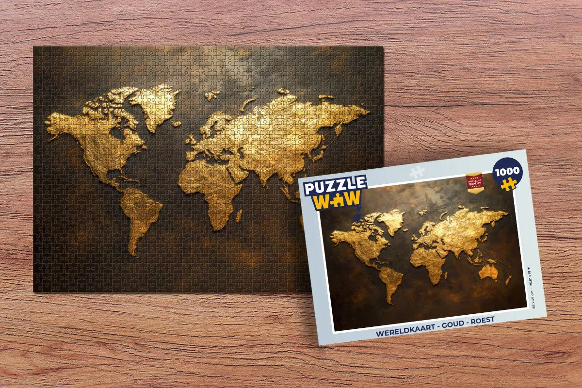 PuzzleWow Wereldkaart Legpuzzel 1000 Stuks - Roest & Goud