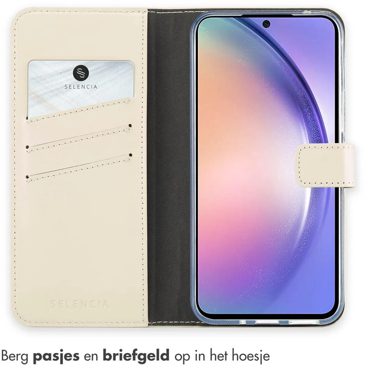 Selencia Hoesje Samsung Galaxy A54 - Echt Lederen Bookcase Greige