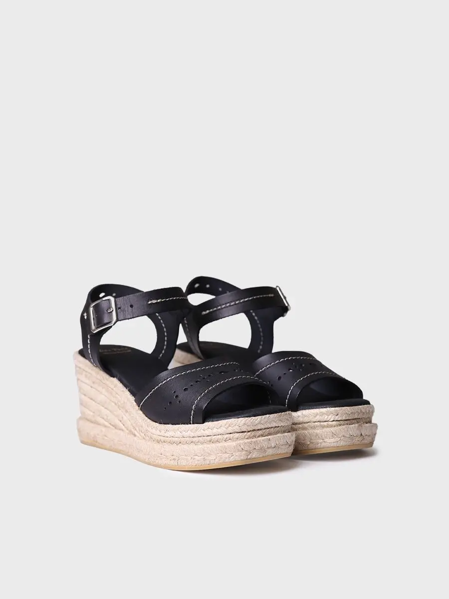 Dames leren espadrille met hoge sleehak