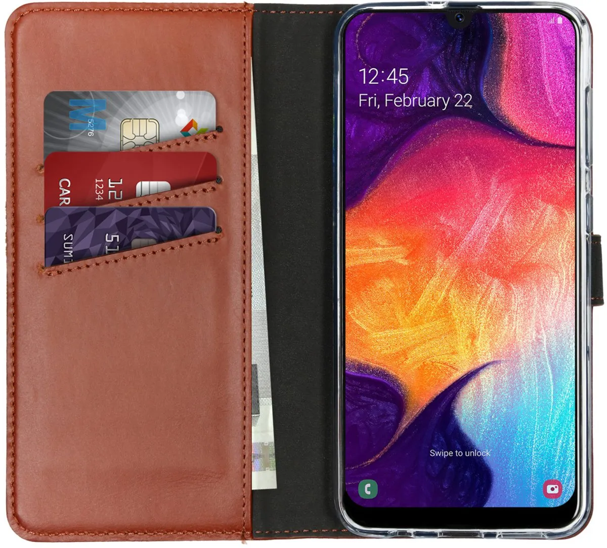 Selencia Hoesje Samsung Galaxy A30s/A50 - Echt Leder Lichtbruin - 3 Pasjes