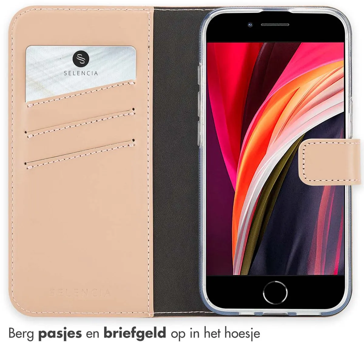 Selencia Hoesje iPhone 16e Echt Lederen Bookcase - 3 Pasjes - Lichtroze