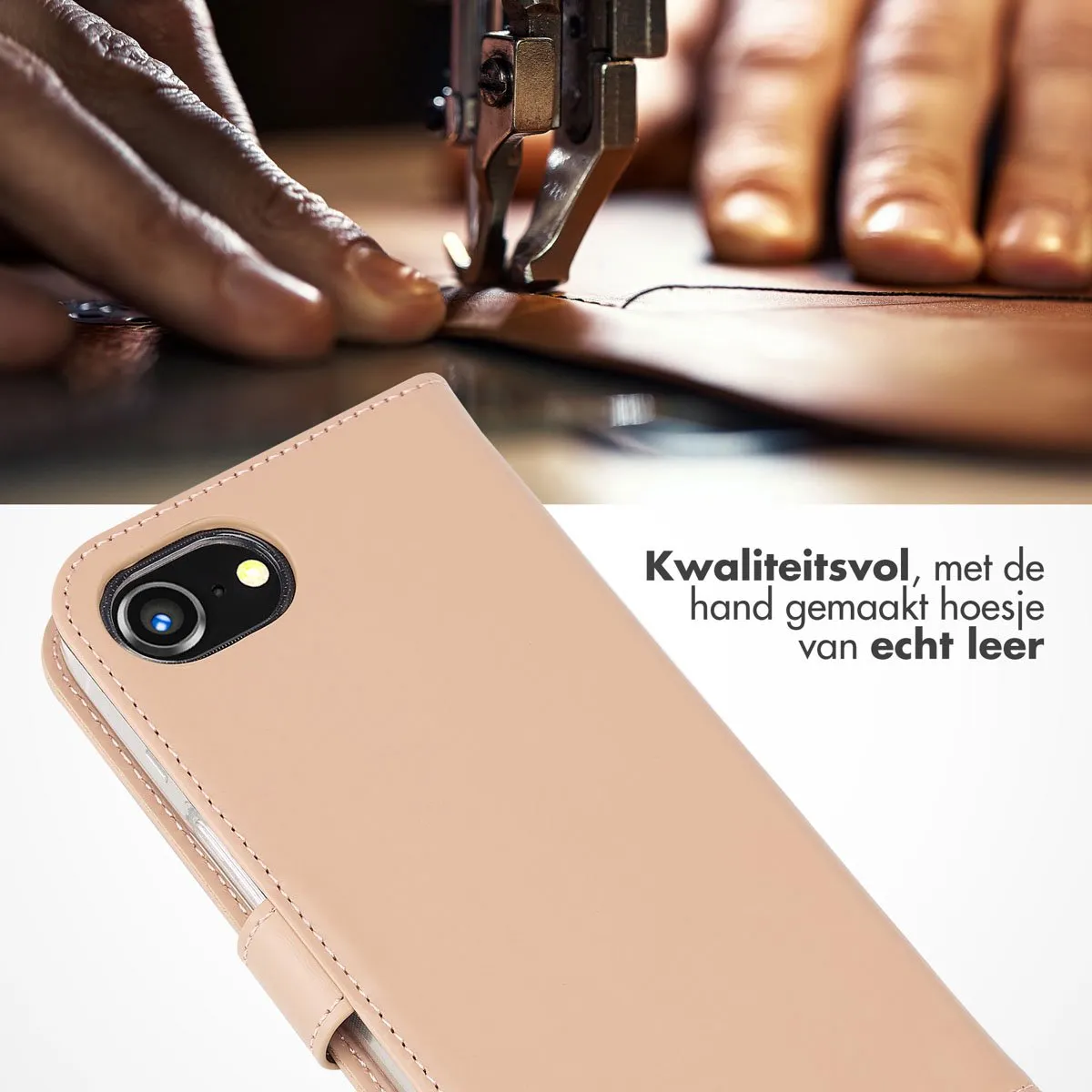 Selencia Hoesje iPhone 16e Echt Lederen Bookcase - 3 Pasjes - Lichtroze