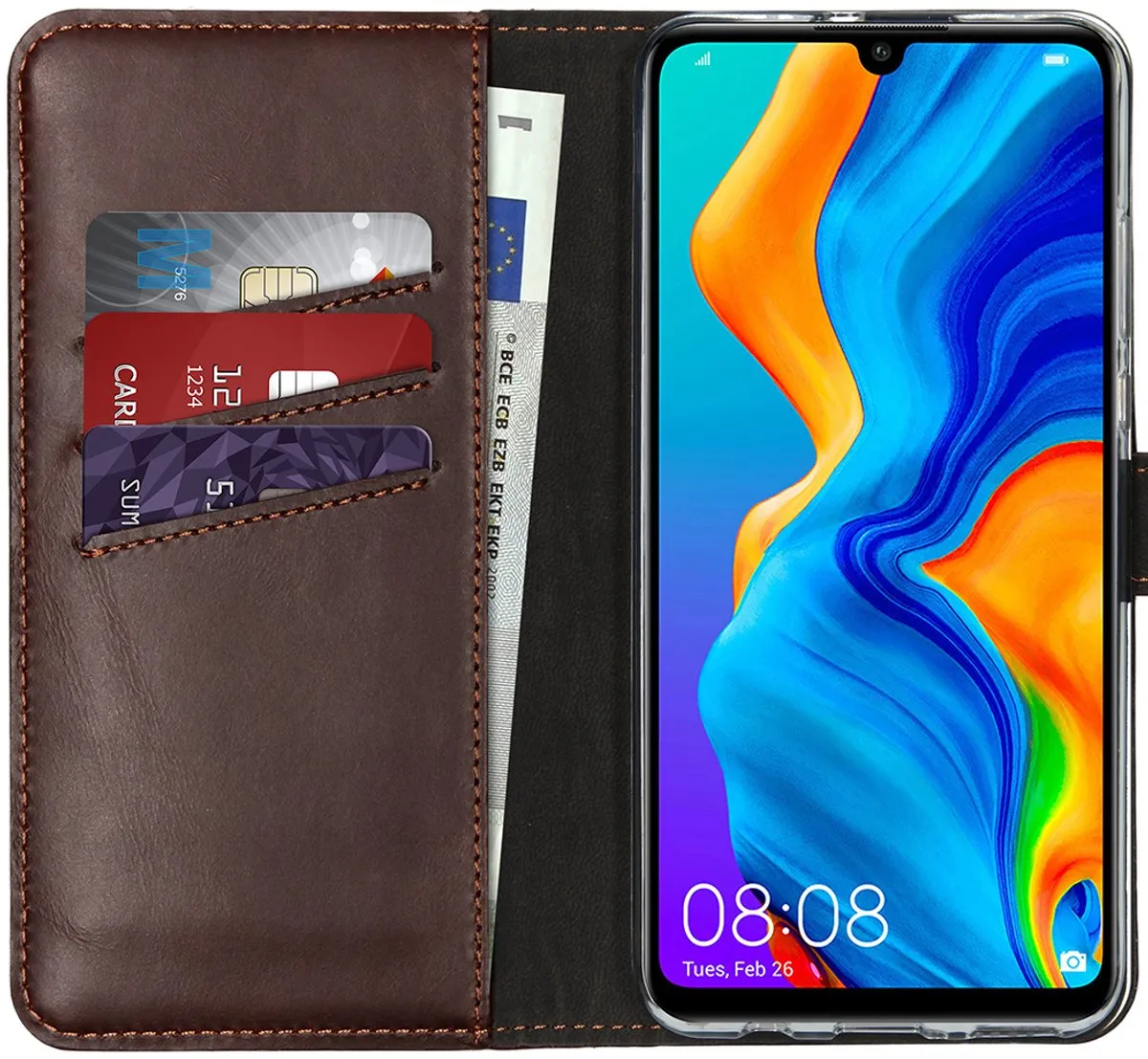 Selencia Hoesje Huawei P30 Lite - Echt Lederen Bookcase 3 Pasjes - Bruin