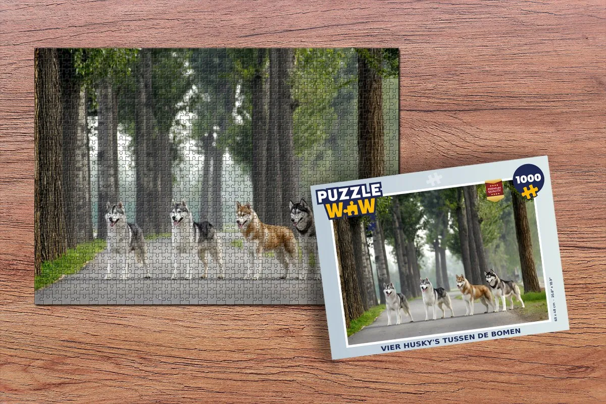 PuzzleWow Legpuzzel Vier Husky's Tussen De Bomen 1000 Stuks - Multicolor