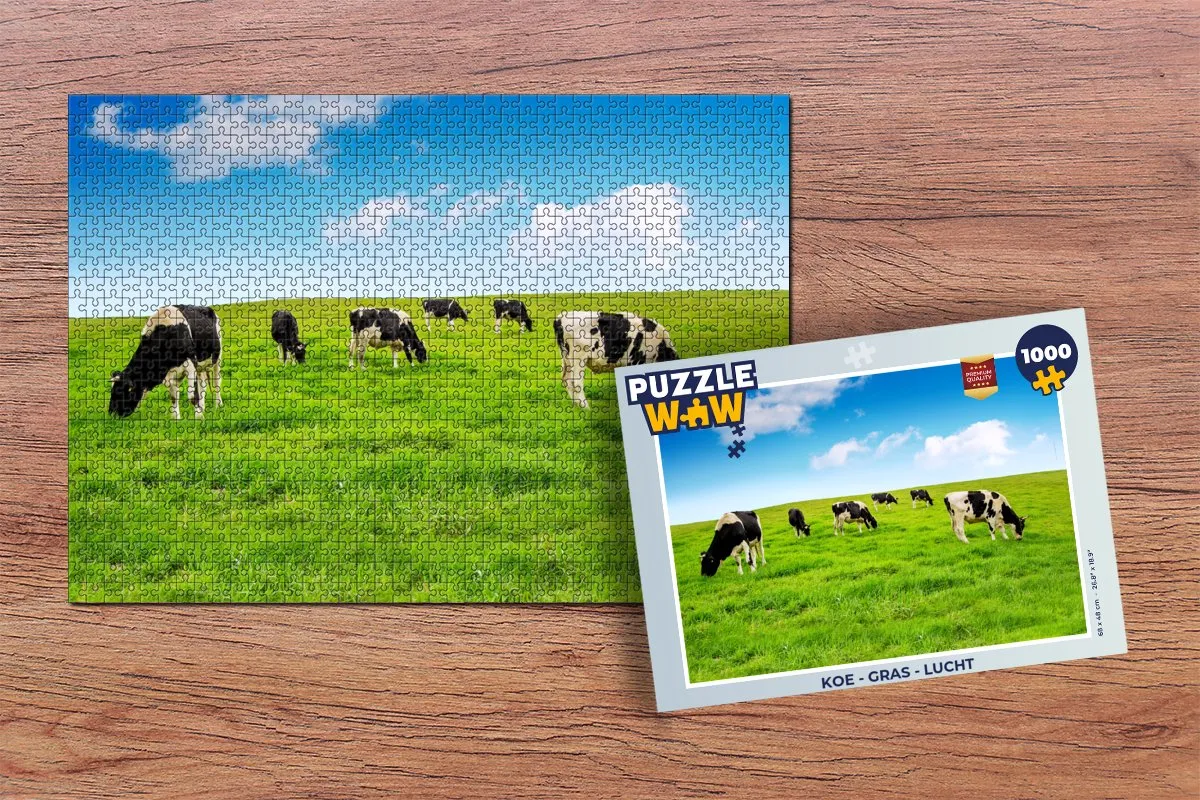 PuzzleWow Legpuzzel Koe Gras Lucht 1000 Stuks - Multicolor