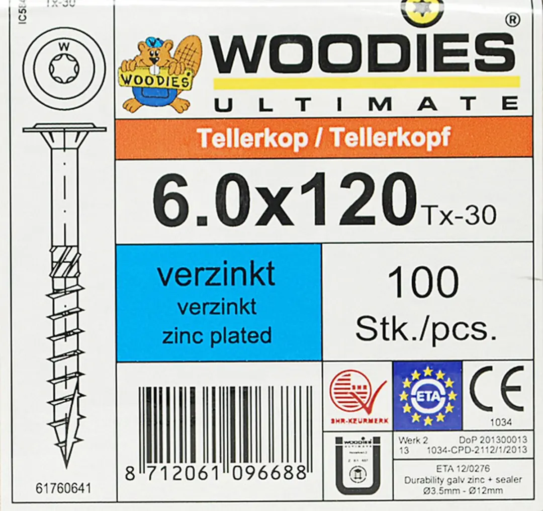 Woodies Tellerkopschroeven Torx 30 6x120mm - Deeldraad - Verzinkt - 100 Stuks