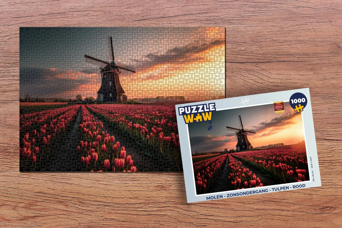 PuzzleWow Zonsondergang Tulpen Legpuzzel 1000 Stuks - Rood
