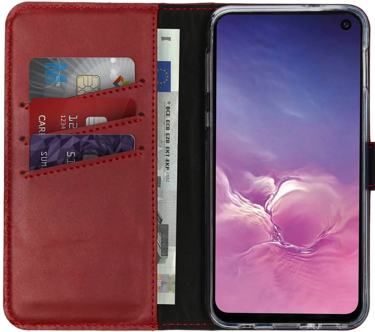 Selencia Hoesje Samsung Galaxy S10e - Rood Lederen Bookcase - 3 Pasjes