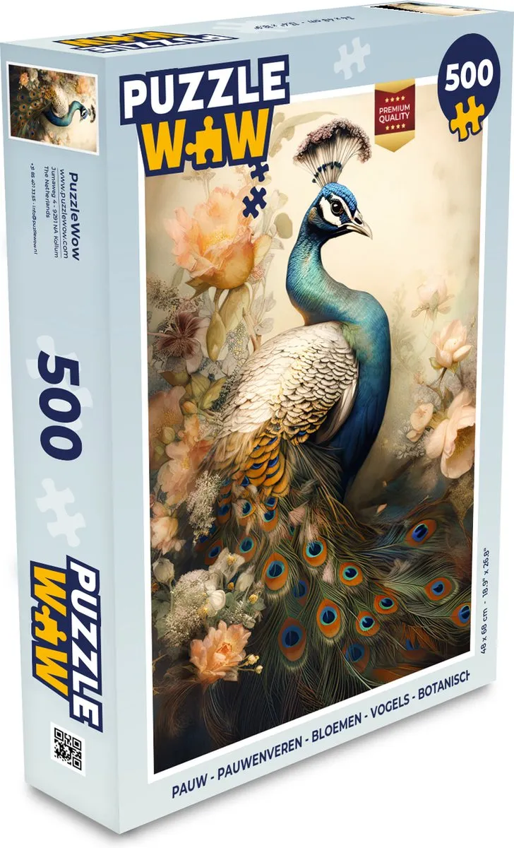 PuzzleWow Pauwenveren Bloemen Vogels Botanisch Legpuzzel 500 Stuks - Multicolor