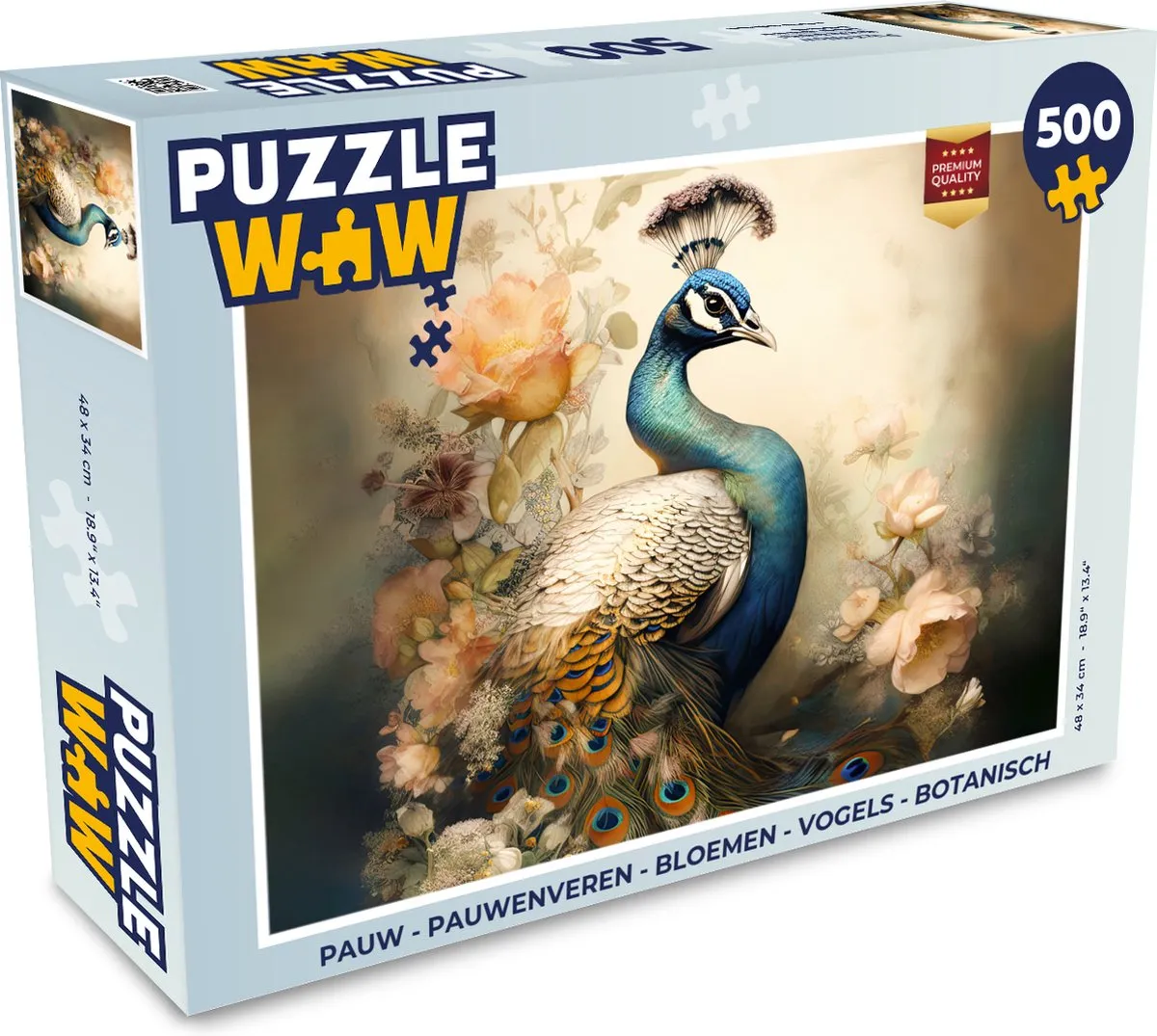 PuzzleWow Pauwenveren Bloemen Vogels Botanisch Legpuzzel 500 Stuks - Multicolor