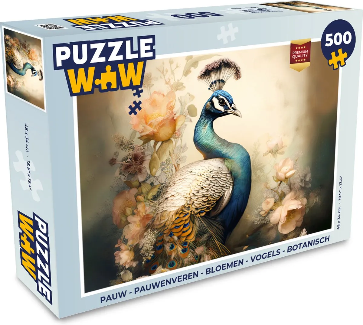 PuzzleWow Pauwenveren Bloemen Vogels Botanisch Legpuzzel 500 Stuks - Multicolor