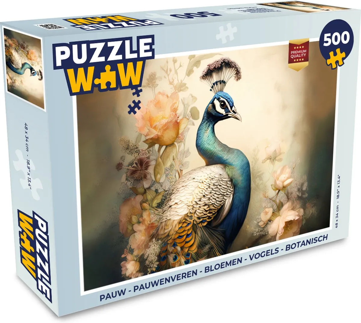 PuzzleWow Pauwenveren Bloemen Vogels Botanisch Legpuzzel 500 Stuks