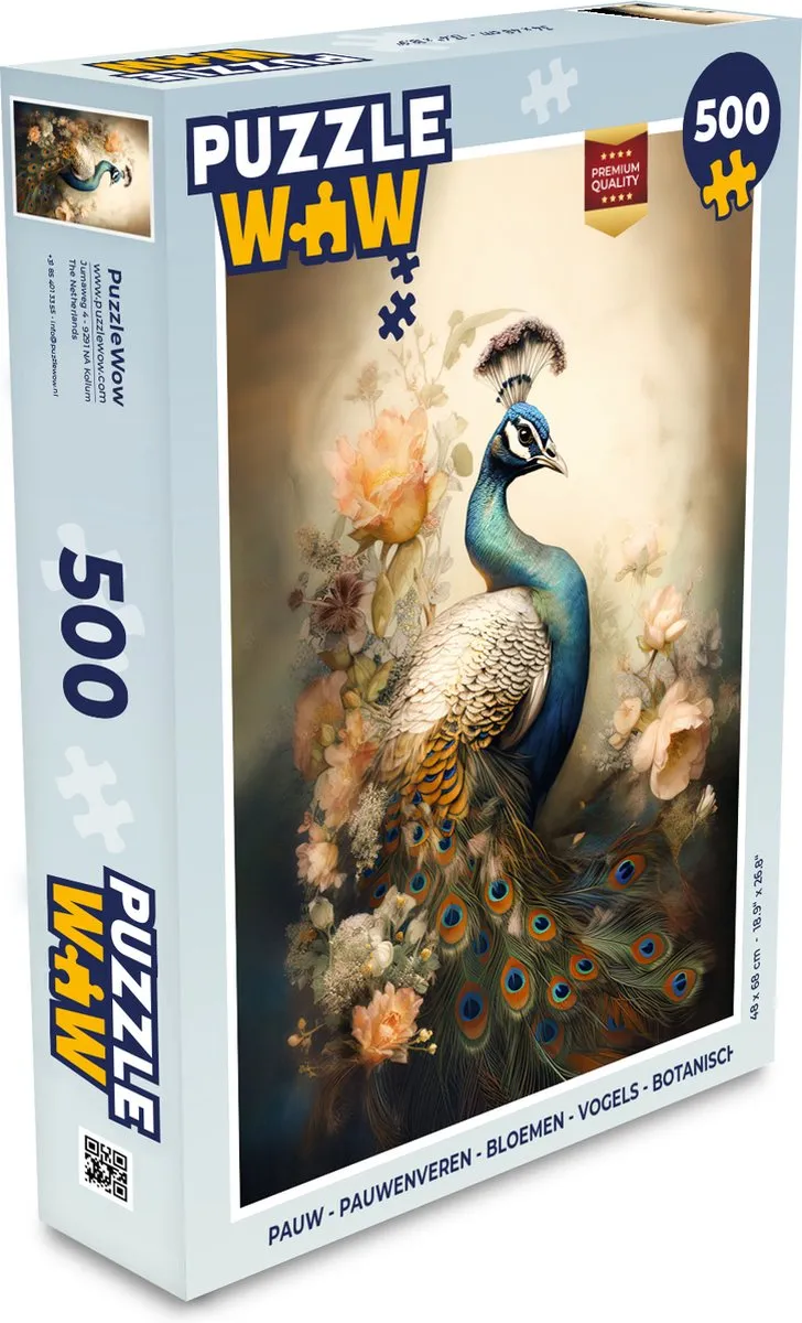 PuzzleWow Pauwenveren Bloemen Vogels Botanisch Legpuzzel 500 Stuks - Multicolor