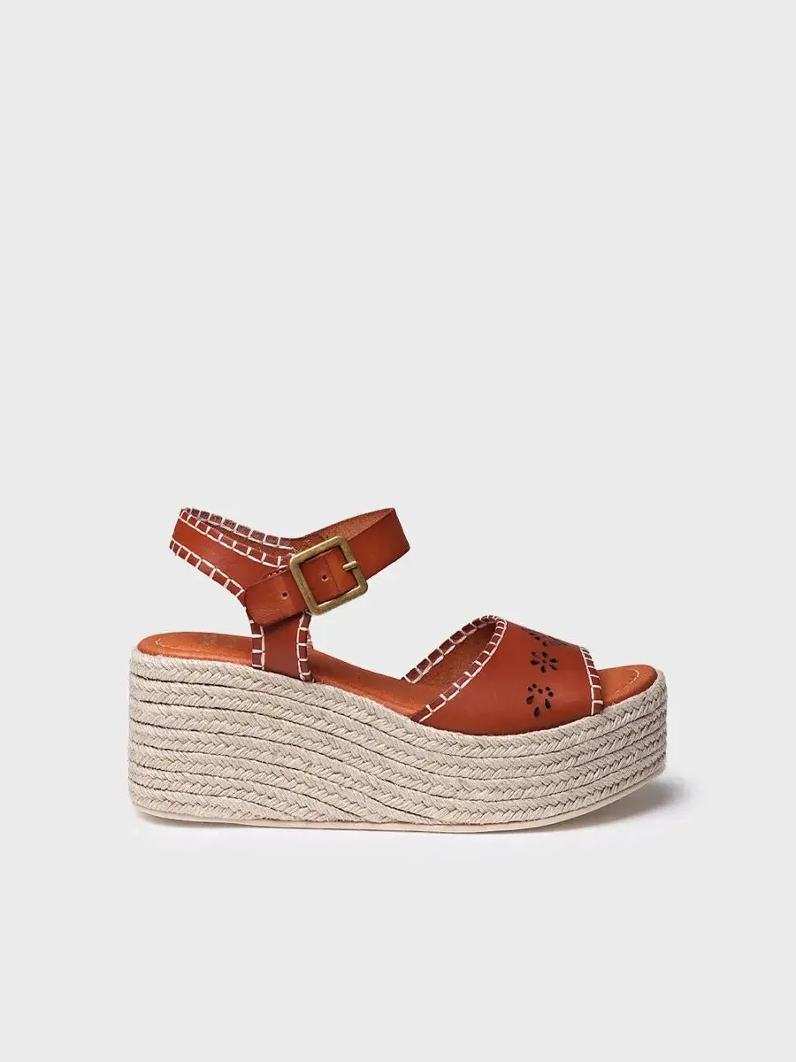 Dames leren espadrille met jute plateauzool en gesp