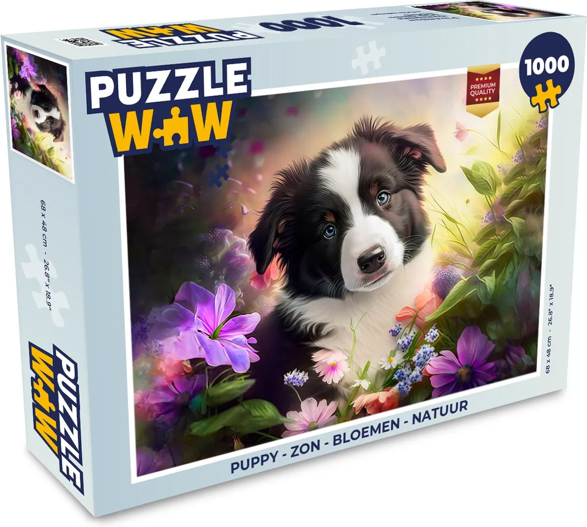 PuzzleWow Puppy Zon Bloemen Natuur Bordercollie Legpuzzel 1000 Stuks