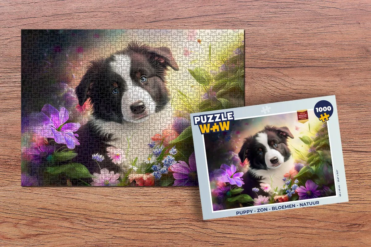 PuzzleWow Puppy Zon Bloemen Natuur Bordercollie Legpuzzel 1000 Stuks - Multicolor