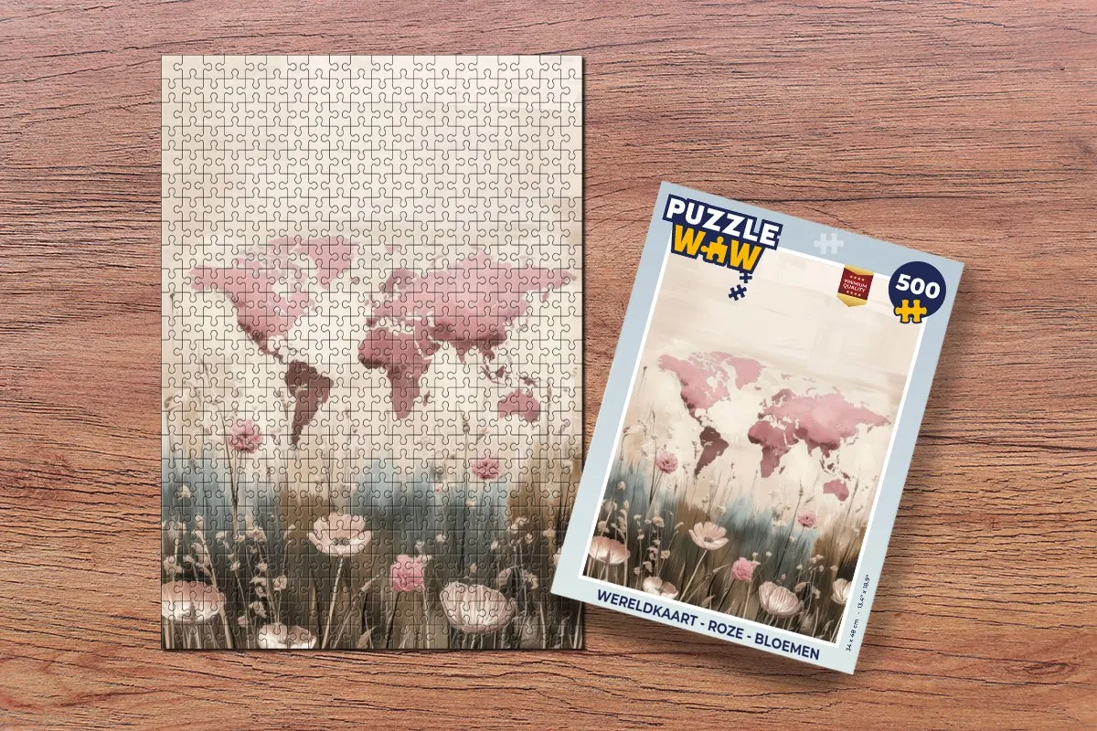 PuzzleWow Wereldkaart Bloemen Roze Legpuzzel 500 Stuks
