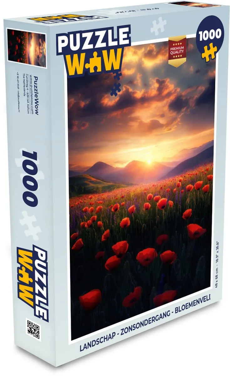 PuzzleWow Landschap Zonsondergang Bloemenveld Legpuzzel 1000 Stuks - Bloemen/Rood