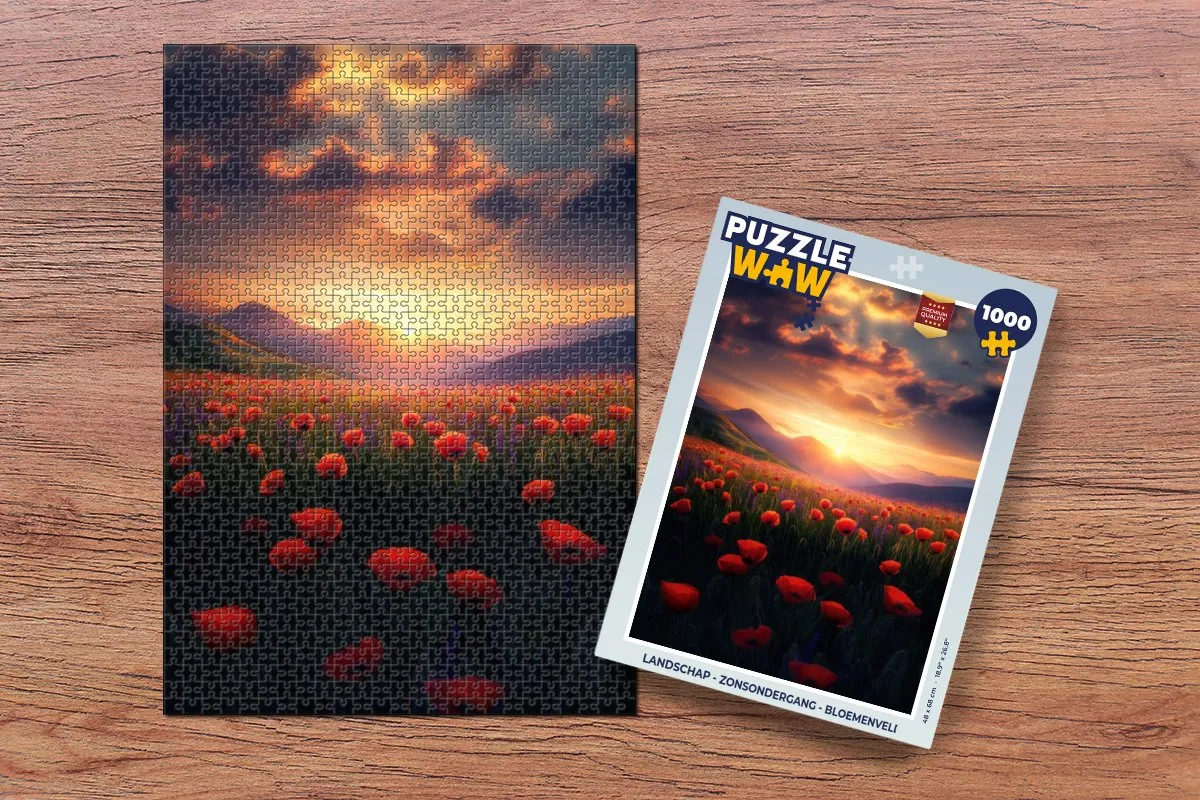 PuzzleWow Landschap Zonsondergang Bloemenveld Legpuzzel 1000 Stuks - Bloemen/Rood