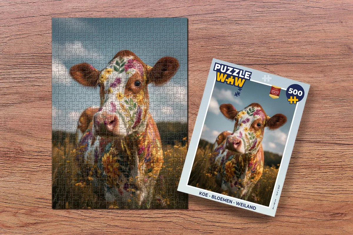 PuzzleWow Koe - Bloemen - Weiland Legpuzzel 500 Stuks