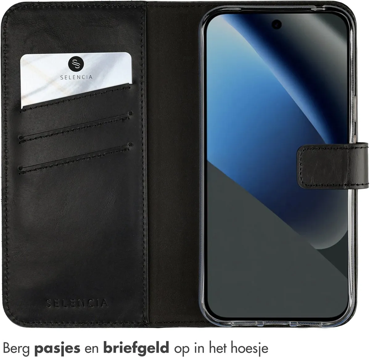 Selencia Hoesje Google Pixel 10a - Echt Lederen Bookcase 3 Stuks - Zwart