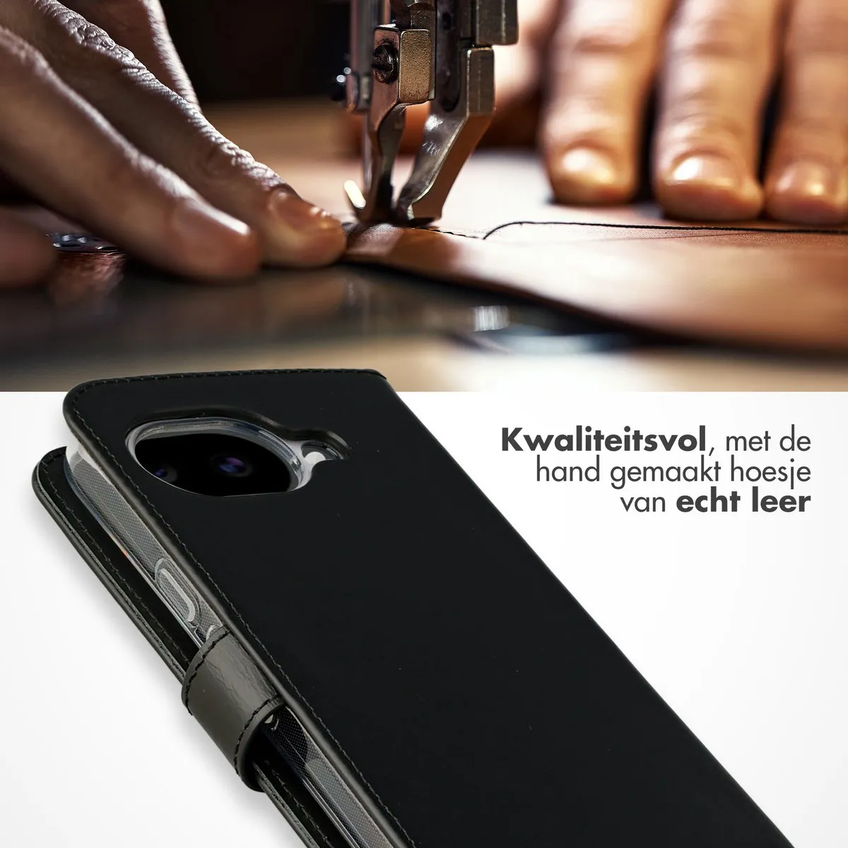 Selencia Hoesje Google Pixel 10a - Echt Lederen Bookcase 3 Stuks - Zwart