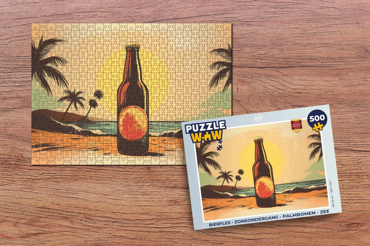 PuzzleWow Bierfles Legpuzzel 500 Stuks - Zonsondergang/Strand